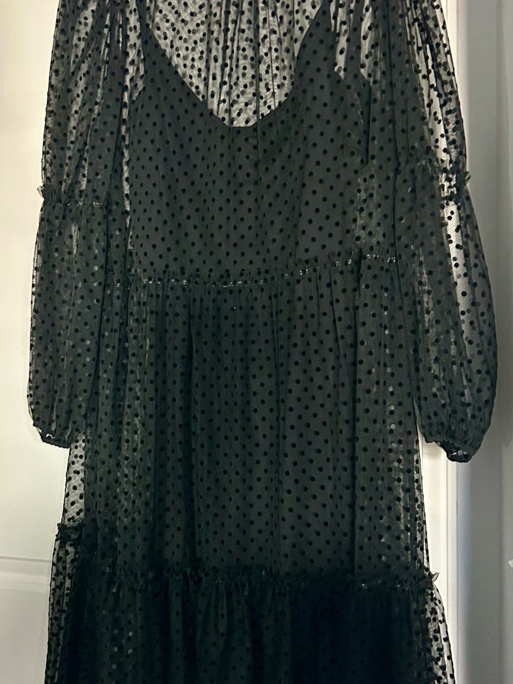 H&M Sheer Polka Dot Black Tiered Midi Dress -